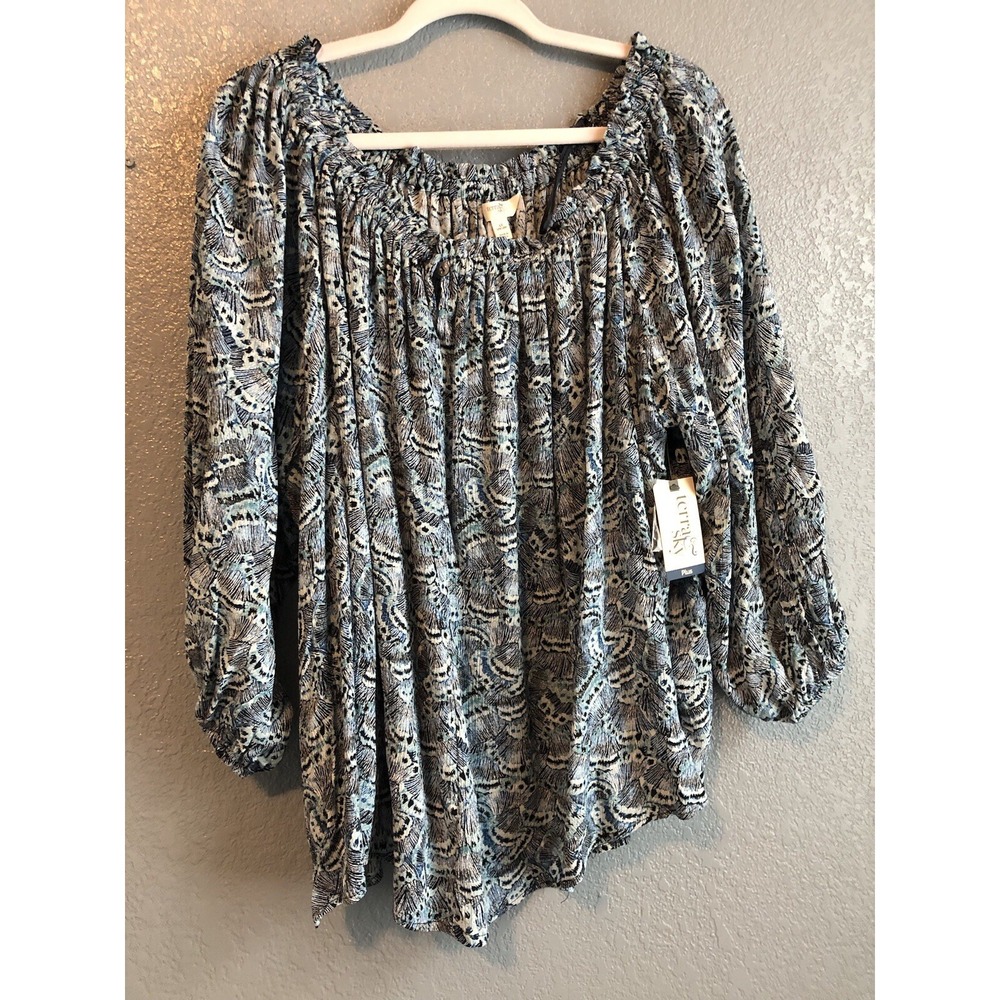 Terra & Sky Womens Tunic Top 1X 3/4 Sleeve Blue Depths Butterfly‎ Boho Cottage